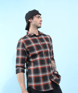 highlander men checkered casual black orange grey shirt