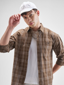HIGHLANDER Men Checkered Casual Brown Shirt