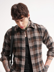 HIGHLANDER Men Checkered Casual Brown Shirt