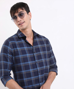 highlander men checkered casual dark blue shirt