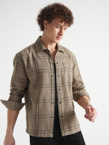 HIGHLANDER Men Checkered Casual Khaki Shirt