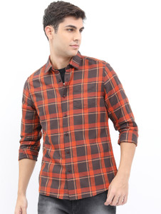 highlander men checkered casual orange shirt