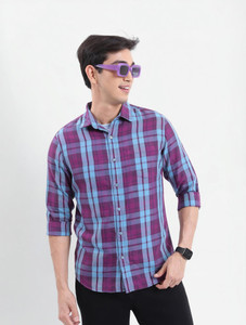 highlander men checkered casual purple light blue shirt