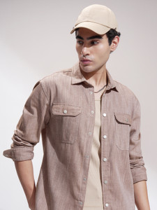 HIGHLANDER Men Self Design Casual Brown Shirt