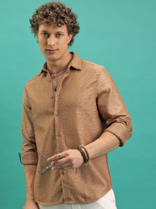 HIGHLANDER Men Self Design Casual Brown Shirt