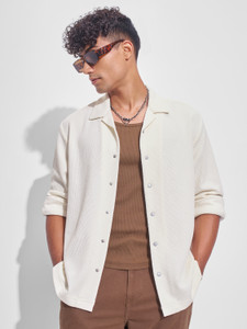HIGHLANDER Men Self Design Casual Cream Shirt