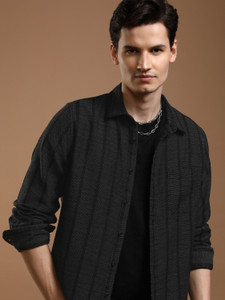 HIGHLANDER Men Striped Casual Black Shirt