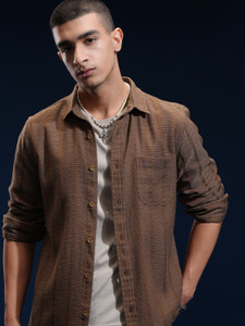 HIGHLANDER Men Striped Casual Brown Shirt