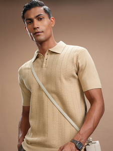HIGHLANDER Self Design Men Polo Neck Beige