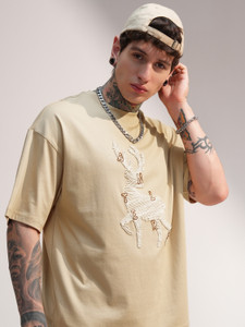 HIGHLANDER Self Design Men Round Neck Beige