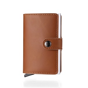 hiker card holder leather wallet with rfid blocking aluminum automatic pop up metal case tan