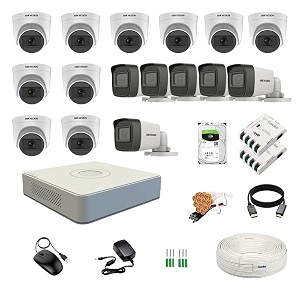 hikvision 16 channel dvr with 5mp 10 dome amp 6 bullet cameras with audio recording daynight vision  4tb hdd  copper cable roll 13 8 ch power supply 2 nos  bnc amp dc full combo kit