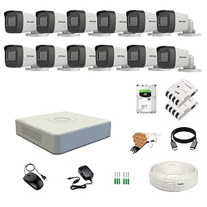 hikvision 16 channel dvr with 5mp 12 bullet cameras with audio recording daynight vision  4tb hdd  copper cable roll 13 8 ch power supply 2 nos  bnc amp dc full combo kit