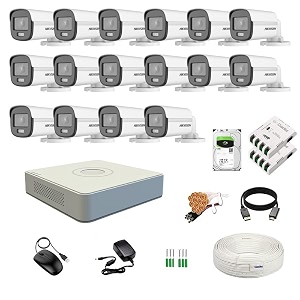 hikvision 16 channel dvr with 5mp colorvu 16 bullet cameras 247 colorful imaging  4tb hdd  cable roll 13 8 ch power supply 2 nos  bnc amp dc full combo kit