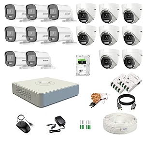 hikvision 16 channel dvr with 5mp colorvu 8 dome amp 8 bullet cameras 247 colorful imaging  4tb hdd  cable roll 13 8 ch power supply 2 nos  bnc amp dc full combo kit