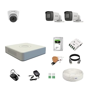 hikvision 4 channel dvr with 5mp 1 dome amp 2 bullet cameras with audio recording daynight vision  1tb hdd  copper cable roll 13 4 ch power supply  bnc amp dc full combo kit