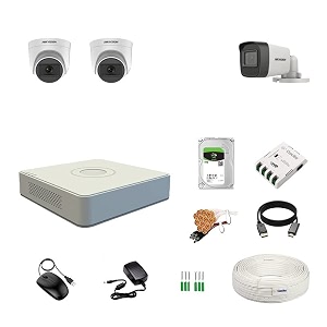 hikvision 4 channel dvr with 5mp 2 dome amp 1 bullet cameras with audio recording daynight vision  1tb hdd  copper cable roll 13 4 ch power supply  bnc amp dc full combo kit