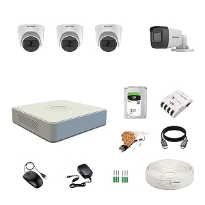 hikvision 4 channel dvr with 5mp 3 dome amp 1 bullet cameras with audio recording daynight vision  1tb hdd  copper cable roll 13 4 ch power supply  bnc amp dc full combo kit
