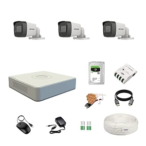 hikvision 4 channel dvr with 5mp 3 bullet cameras with audio recording daynight vision  1tb hdd  copper cable roll 13 4 ch power supply  bnc amp dc full combo kit
