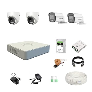 hikvision 4 channel dvr with 5mp colorvu 2 dome amp 2 bullet cameras 247 colorful imaging  1tb hdd  cable roll 13 4 ch power supply  bnc amp dc full combo kit