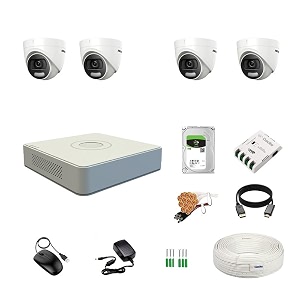 hikvision 4 channel dvr with 5mp colorvu 4 dome cameras 247 colorful imaging  1tb hdd  cable roll 13 4 ch power supply  bnc amp dc full combo kit