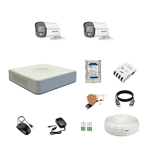 hikvision 4 channel dvr with 5mp colorvu 2 bullet cameras 247 colorful imaging  500gb hdd  cable roll 13 4 ch power supply  bnc amp dc full combo kit