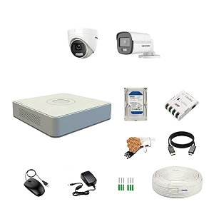 hikvision 4 channel dvr with 5mp colorvu 1 dome amp 1 bullet cameras 247 colorful imaging  500gb hdd  cable roll 13 4 ch power supply  bnc amp dc full combo kit