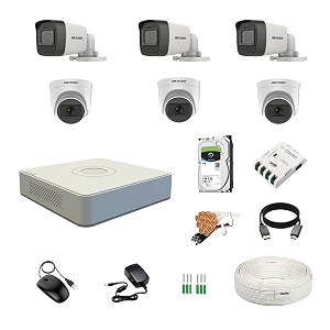hikvision 8 channel dvr with 5mp 3 dome amp 3 bullet cameras with audio recording daynight vision  2tb hdd  copper cable roll 13 8 ch power supply  bnc amp dc full combo kit