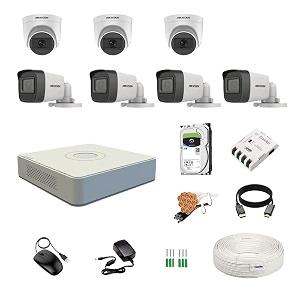 hikvision 8 channel wired dvr with 5mp 4 dome amp 2 bullet cameras with audio recording daynight vision  2tb hdd  copper cable roll 13 8 ch power supply  bnc amp dc full combo kit