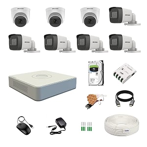 hikvision 8 channel dvr with 5mp 3 dome amp 5 bullet cameras with audio recording daynight vision  2tb hdd  copper cable roll 13 8 ch power supply  bnc amp dc full combo kit