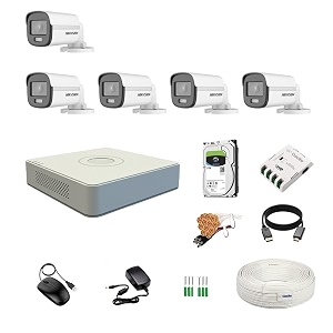 hikvision 8 channel dvr with 5mp colorvu 5 bullet cameras 247 colorful imaging  2tb hdd  cable roll 13 8 ch power supply  bnc amp dc full combo kit