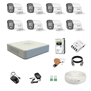 hikvision 8 channel dvr with 5mp colorvu 8 bullet cameras 247 colorful imaging  2tb hdd  cable roll 13 8 ch power supply  bnc amp dc full combo kit