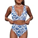 Hilinker Women's Leopard Bikini Swimsuits V Neck High Waisted 2 Piece Bathing Suits