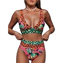 Hilinker Women's Leopard Bikini Swimsuits V Neck High Waisted 2 Piece Bathing Suits