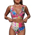 Hilinker Women's Leopard Bikini Swimsuits V Neck High Waisted 2 Piece Bathing Suits