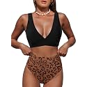 Hilinker Women's Leopard Bikini Swimsuits V Neck High Waisted 2 Piece Bathing Suits