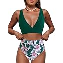 Hilinker Women's Leopard Bikini Swimsuits V Neck High Waisted 2 Piece Bathing Suits