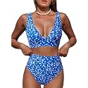 Hilinker Women's Leopard Bikini Swimsuits V Neck High Waisted 2 Piece Bathing Suits