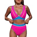 Hilinker Women High Waisted Bikini Sets Tummy Control Swimsuits 2 Piece Bathing Suits Color Block Pink Blue Geometric X-Large
