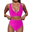 Hilinker Women's Leopard Bikini Swimsuits V Neck High Waisted 2 Piece Bathing Suits