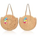 Hillban 2 Pcs Woven Beach Bag for Women Large Round Straw Bag Chic Boho Tote Bag Purse with Pom Tassels for Summer Vocation
