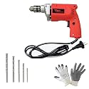 Hillgrove HGCM1109M3 500W Power Drill Machine with Gloves, 5Pcs Masonry Drill Bits for Making Holes in Metal/Wood/Concrete Pistol Grip Drill (10 mm Chuck Size)