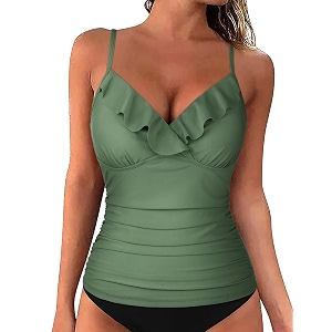 Hilor Womens Tankini Tops Shirred Ruffled Swimsuits