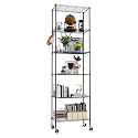 Himimi 6-Tier Storage Shelf Units, Adjustable Wire Shelving with Wheels, Metal Shelves with Stainless Side Hooks, Free Standing Shelving for Laundry Bathroom Kitchen Pantry Closet, Black