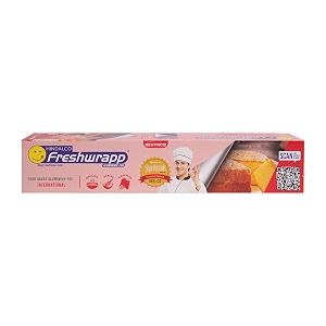 hindalco freshwrapp international aluminium foil 1 kilo gram net 18 microns food packing wrapping  storing  serving and cooking baking  grilling  roasting freezing