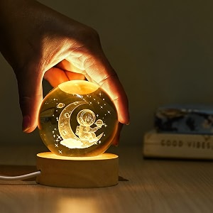 hindcraft 3d crystal ball night lamp  mothers day gift with engraved astronaut amp moon design  usb led wooden base table lamp for living room amp office dcor  perfect birthday amp festival gift