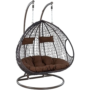 hindoro rattan outdoorindoorbalcony furniture black double seater hanging swing with dark brown cushion 127 cm 127 cm 203 cm