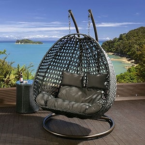 hindoro rattan wicker wrought iron two seater swing chair with powder coated stand amp cushion  double hammock swing for adults amp kids  outdoor  indoor  balcony king white with grey