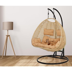 hindoro rattan wicker wrought iron two seater swing chair with powder coated stand amp cushion amp hook  double hammock swing adults amp kids  garden king beige 127 cm 127 cm 203 cm