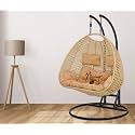 Hindoro Rattan Wicker Wrought Iron Two Seater Swing Chair with Powder Coated Stand &amp; Cushion &amp; Hook || Double Hammock Swing Adults &amp; Kids || Garden (King, Beige, 127 Cm, 127 Cm, 203 Cm)